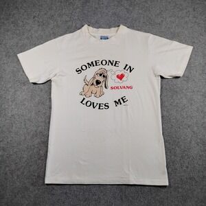 Vintage‎ Hanes Beefy-T Solvang Loves Me Dog T-Shirt Mens Medium White 80s USA